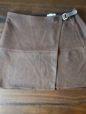 Max Studio Chocolate Brown Suede Mini Skirt with Buckle Accent